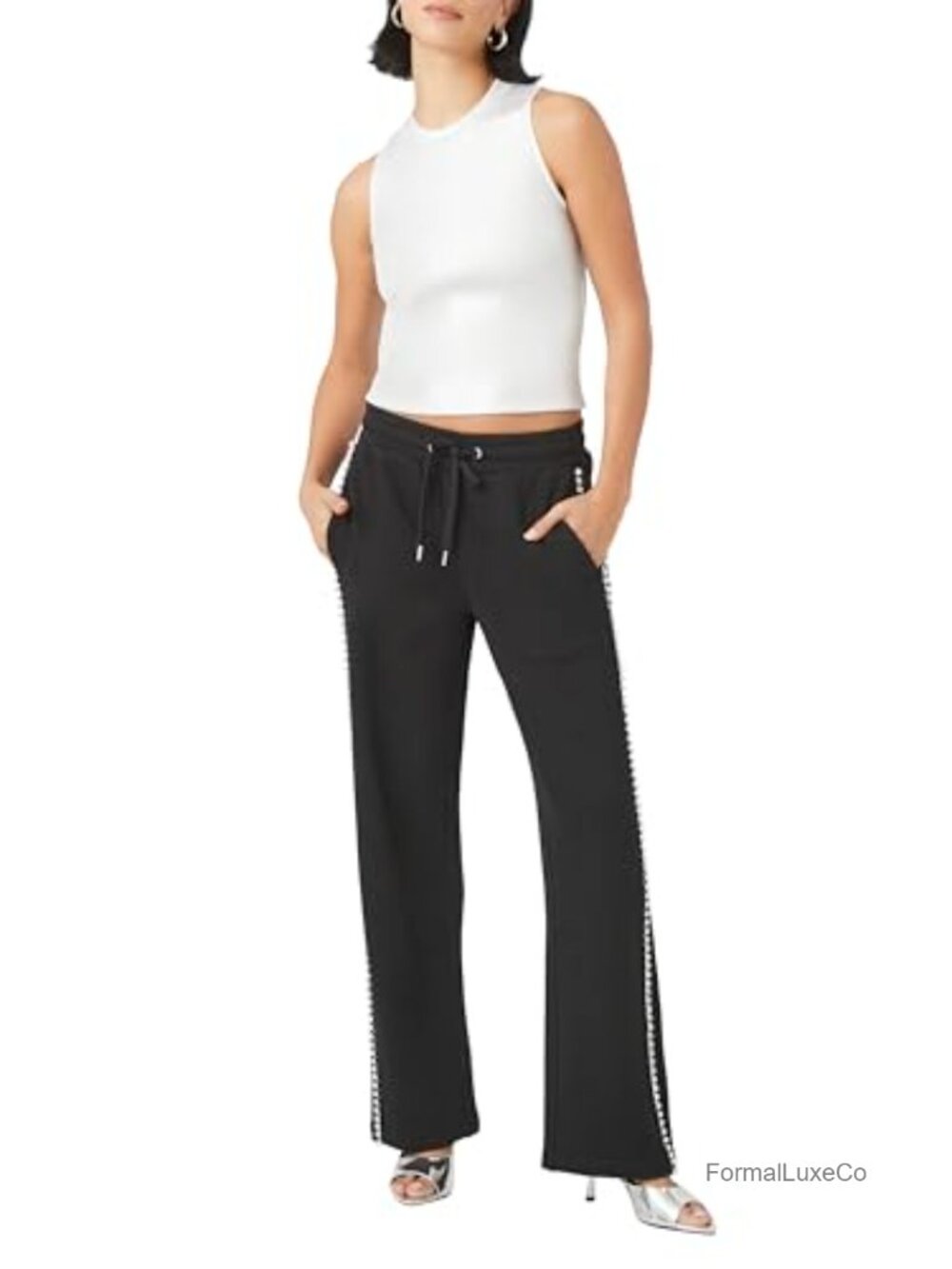 French Terry Rhinestone Wide-Leg Pants High-Rise Drawstring Sweatpants
